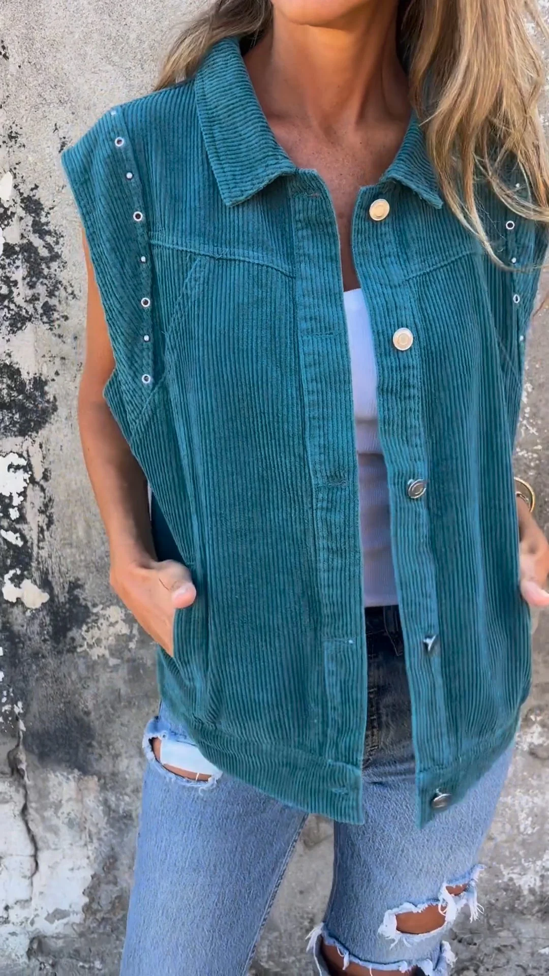 Lapel Single-breasted Cap-sleeve Corduroy Vest